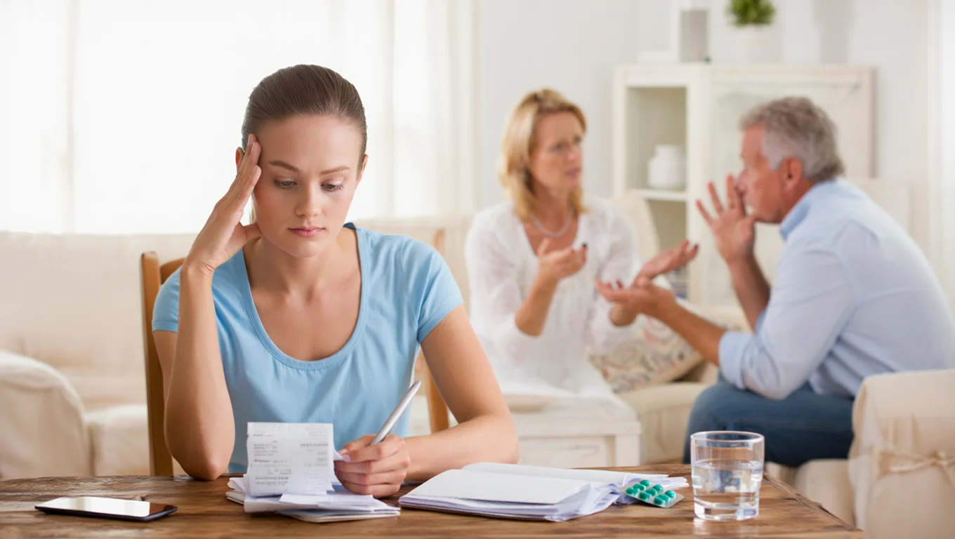 Женщина работает с бумагами, пока на фоне ругаются